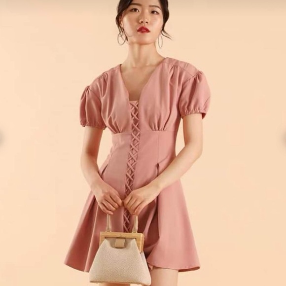 Lace-Up Puff Sleeve Mini Dress - Picture 1 of 3